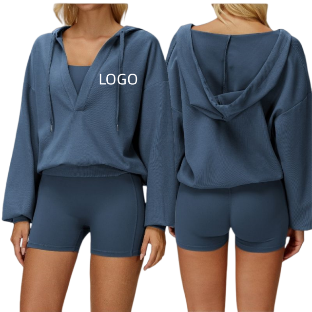 High Quality Customized AIL Quick Drying Hooded Top V-neck Loose Long Sleeved Women's Outdoor Running, Fitness, Yoga Sportswear