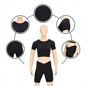Women's <b>Black</b> <b>Crop</b> <b>Top</b> Set <b>Short</b> <b>Sleeve</b> Crew Neck Solid Color Breathable Knitted Sporty Fit Summer Wear - Product Image 1