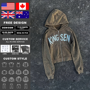 Sudadera con capucha para hombre, de fabricante personalizado, extragrande, con bordado desgastado, lavado vintage, con cremallera y pedrería de diamante completa - Product Image 2