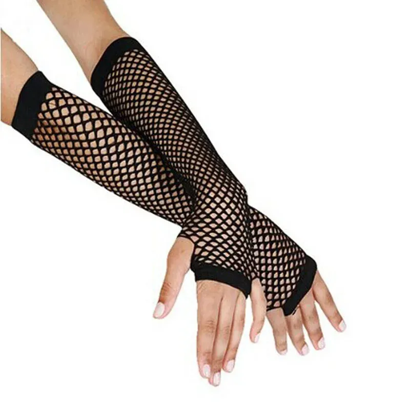 Sarung tangan jaring-jaring hitam panjang wanita sarung tangan tanpa jari renda jaring seksi sarung tangan Festival kostum Rock Punk tari Gotik sarung tangan