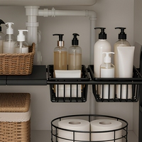 Organisateur sous évier avec 2 paniers, étagère de rangement extensible pour armoire de cuisine, 3 panneaux réglables, gain de place, métal noir