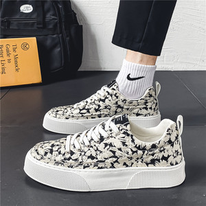 Baskets basses en toile pour hommes, imprimé léopard noir et beige, semelle plateforme épaisse blanche, à lacets, style streetwear décontracté - Product Image 5