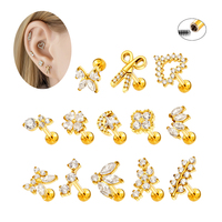 Hengsen New Surgical Stainless Steel Zircon Helix Earrings Internally Thread Cartilage Lip Piercing Jewelry Flat Back Earring