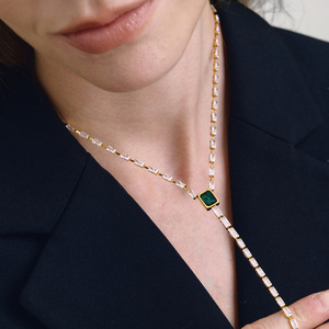 18K Stainless Steel <b>Square</b> Zircon Chain Necklace Geometric Design Bezel Setting Everyday Wear - Product Image 3