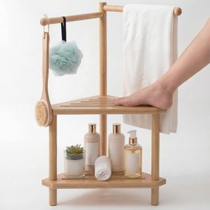 Bamboo Three Tier Storage Rack Natural Wood Color <b>Freestanding</b> Bathroom Organizer With Towel <b>Bar</b> And Footrest - Product Image 1