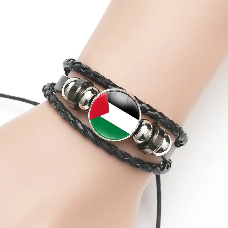Bracciale palestinese all'ingrosso con motivo a forma di bandiera palestinese con pietre preziose multistrato tessuto a mano in vacchetta