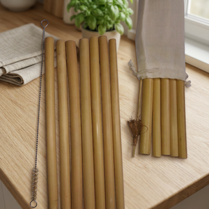 Pailles à boire écologiques en bambou naturel, diamètre 8 mm, réutilisables, jetables, avec motif tropical pour les fêtes, lot de 4, brosse incluse - Product Image 3