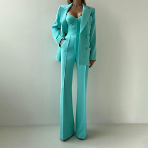 Conjunto de Otoño Azul Cielo <span class=keywords><strong>para</strong></span> <span class=keywords><strong>Mujer</strong></span> con Dos Botones, Top sin Tirantes, Chaqueta y Pantalones Casuales de Cintura Alta, Traje de 3 Piezas - Product Image 2