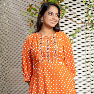 Vestido Midi de Georgette Estampado Naranja de Lujo al Por Mayor, Ropa Elegante para Mujer - Product Image 1