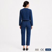 Ensemble tailleur femme en jean bleu foncé 11oz, veste courte sans col à boutons dissimulés et jean coupe droite, OEM XS-5XL