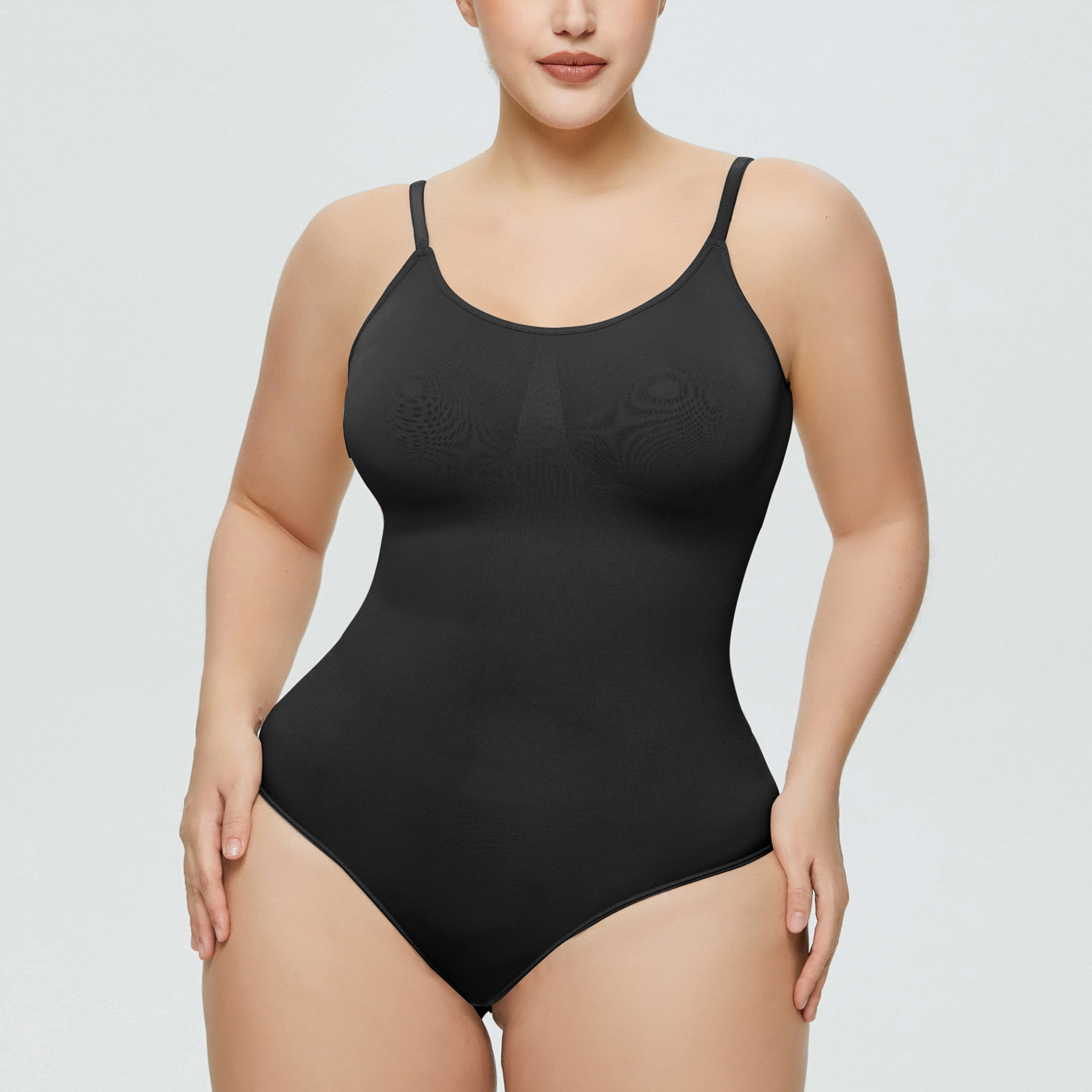 Seamless Plus-Size Tummy-Control Thong: side profile showing zones and edge stability