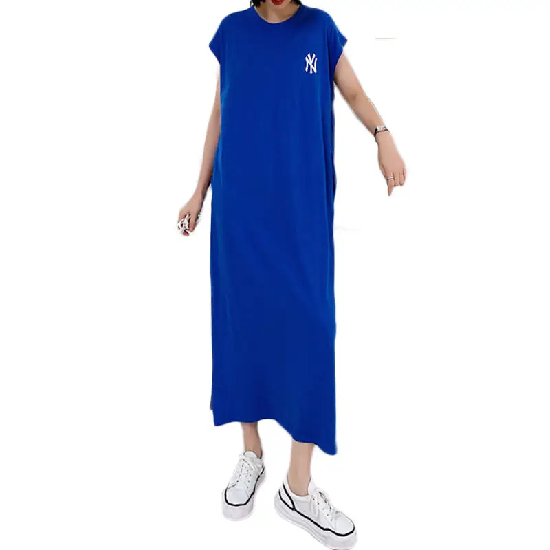 Trend Korean style summer long slit t shirt dress women oversized pregnancy cotton maxi sleeveless dress with pockets