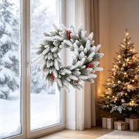 UMIND 2026 Schneebeflockter Künstlicher Weihnachtskranz mit Roten Beeren und Tannenzapfen, Frosted Winterkranz für Festliche Heimdekoration
