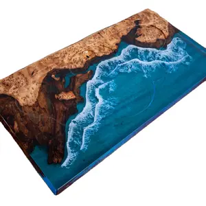 优泰豪华海洋环氧树脂泡茶平台蓝色海洋设计实木茶盘