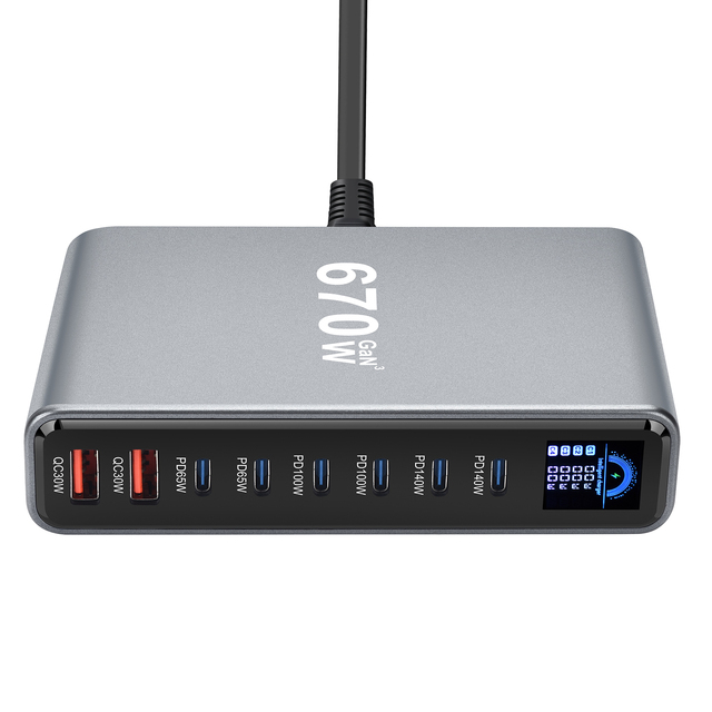 New 670W Digital Screen Multi Device Charging Station USB-A USB-C PD Fast Charger for Office Home Laptop Charging