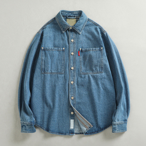 Camicia da Lavoro in Denim Personalizzata per Uomo, Alta Qualità 100% Cotone, Manica Lunga con Bottoni, Stile Vintage Lavato, Oversize con Logo - Product Image 1