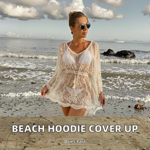 New Solid Color Swimsuit Hoodie Lace Cut Out Drawstring Regular Skirt 1 Piece Quick Dry Breathable <b>Sunscreen</b> Beach Bikini Cover - Product Image 2