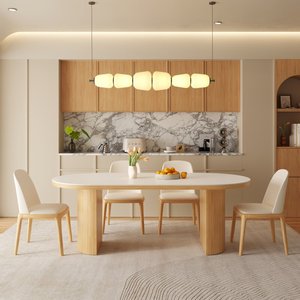 Tavolo <span class=keywords><strong>da</strong></span> <span class=keywords><strong>Pranzo</strong></span> Ovale in Legno Massello con Lastra di Roccia, Stile Nordico Crema, Arredamento per Piccoli Appartamenti, Cucine <span class=keywords><strong>e</strong></span> Sale <span class=keywords><strong>da</strong></span> <span class=keywords><strong>Pranzo</strong></span> - Product Image 2