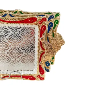 Vassoio rettangolare in metallo di lusso in stile arabo personalizzato Set di 3 vassoi da portata in metallo con manici in lega di zinco