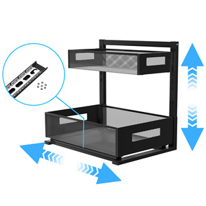 Estante de almacenamiento extraíble de doble capa para cocina y baño, organizador con cesta de malla, 8, 11 y 9 pulgadas de profundidad, en blanco y negro - Product Image 5