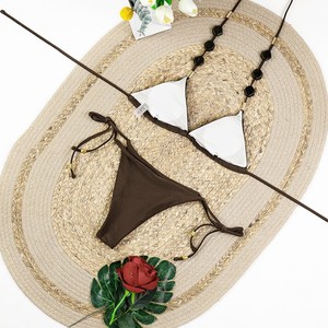 Conjunto de bikini triangular de 2 piezas para mujer, con decoración de conchas y cuentas, estilo halter sin espalda, traje de baño de verano para playa, venta al por mayor - Product Image 6