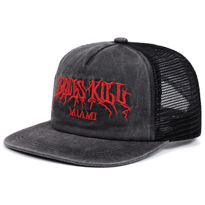 Gorra de béisbol snapback personalizada para niños, estilo camionero de <span class=keywords><strong>Miami</strong></span>, lavada, con visera plana, bordado rojo gótico, malla, estilo étnico vintage streetwear - Product Image 1
