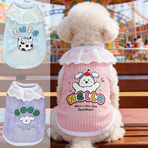 Chaleco de malla con estampado de animales para mascotas, ropa transpirable de verano para gatos y perros con ribete de encaje, color morado, rosa, azul cielo - Product Image 2