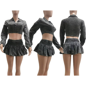 Acid Wash Fried Color Doing Old Top de manga larga <span class=keywords><strong>Falda</strong></span> corta <span class=keywords><strong>Inside</strong></span> Plus Pantalones DE SEGURIDAD Conjunto de 2 piezas para mujer - Product Image 6