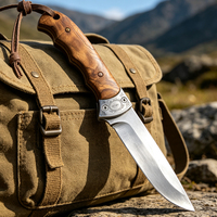 Couteau de chasse à lame fixe MEIJI, manche en bois d'olivier, pour le camping en plein air, survie, étui en cuir