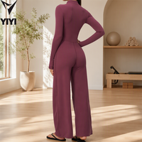 Combinaison de yoga une pièce pour femme avec logo personnalisé, col montant semi-zippé, manches longues avec trous pour les pouces, taille haute, pantalon large, vêtements de sport