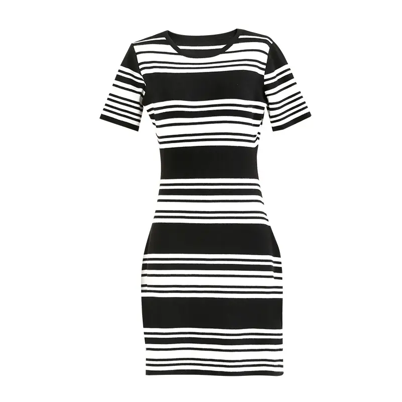 classic black and white striped knitwear short sleeve women sweater dress