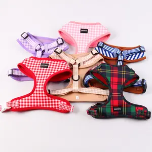 Pet Supplier New Designer Custom LOGO Dog Harness with D-Ring Buckle Luxury Adjustable Plaid Fabric Small Dog Harness