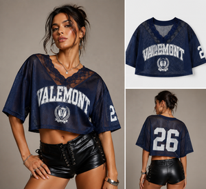 Haut court en jersey de style universitaire pour femme, personnalisé, sexy, en dentelle, en maille, pour le jour du match, avec impression de numéro - Product Image 3