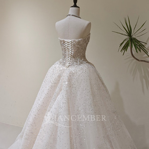 LY131 Luxury Modern Boat Neck Crystal Appliques Long Lace <b>Ball</b> <b>Gown</b> Wedding Dress - Product Image 4