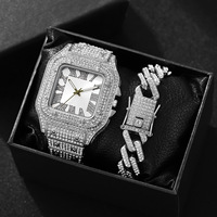 Ensemble de bijoux bling-bling avec montres Iced Out, bracelet chaîne maille cubaine, collier ras-du-cou, pour cadeau de mari, coffret cadeau montre Hip Hop