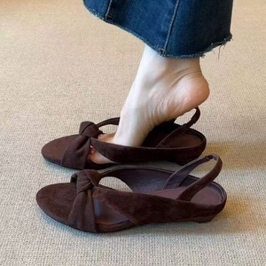 Elegant Brown Suede <b>Flat</b> <b>Sandals</b> With Bow Decoration Open Toe Back Strap Slip-On Summer Women Shoes Drop Shipping - Product Image 1
