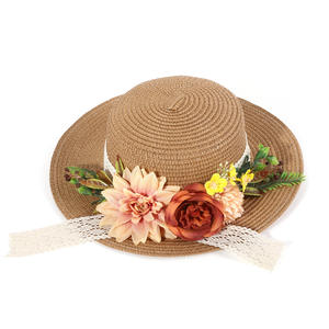 Chapeau de paille souple Baogan à fleurs pour femme, large bord, protection solaire, plage, avec fleurs séchées et nœud décoratif, chapeau d'été pour adulte - Product Image 5
