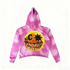 Sweat à capuche oversize court en molleton délavé à l'acide avec motif Smiley, ourlet brut et effet usé, style streetwear, logo personnalisé, haute qualité - Product Image 4