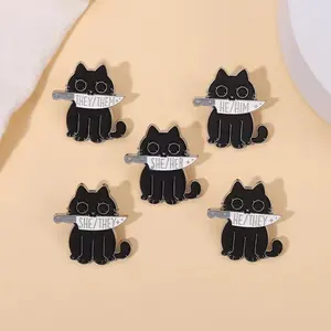 Black Cat with Knife Pronouns Enamel Pins SHE HER THEY THEM HE HIM Simple Letter Brooch Badge Jewelry Gift for Friends Kids