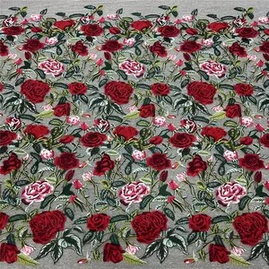 Guangzhou wholesale Latest Net 3d flowers Bridal Red Beaded Pink Lace Fabric For Nigerian big party 5 yards wine color