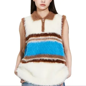 Weshallo Women Cropped Fur Waistcoat Polyester Knitted Short Sweater Vests with Striped Pattern