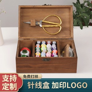 Solid Wood <b>Sewing</b> Tool Box Square Portable With Flip Lid Retro Style Storage <b>Set</b> For Needlework - Product Image 2