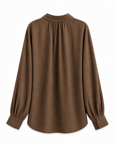 Chemise à manches longues marron à col roulé avec manches lanternes pour filles, style décontracté, couleur unie, tissu viscose, style automne - Product Image 1