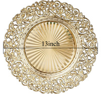 Assiettes de présentation dorées de 13 pouces avec bordure fleurie en plastique pour assiettes de dîner, décoration de mariage, fête ou événement