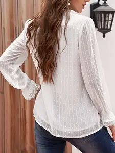 European And American Chiffon Shirt Women's Summer New Solid Color Jacquard Lace V-neck Temperament Top Women's Long Sleeves