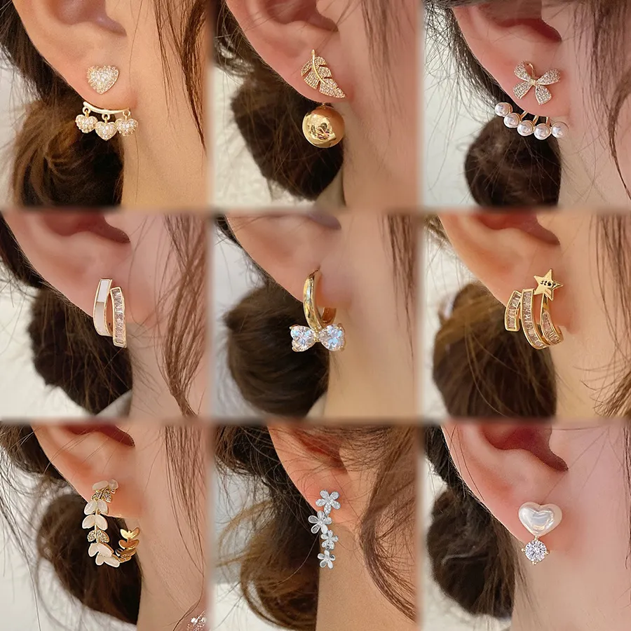 Retro s925 silver geometric five-pointed star earrings pearl love flowers gold earrings temperament jewelry accessories