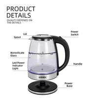Bouilloire électrique en verre 2,0 L 1500 W avec lumière LED 360° °   Base sans fil à arrêt automatique CE/GS/CB, disponible en version OEM, qualité hôtelière