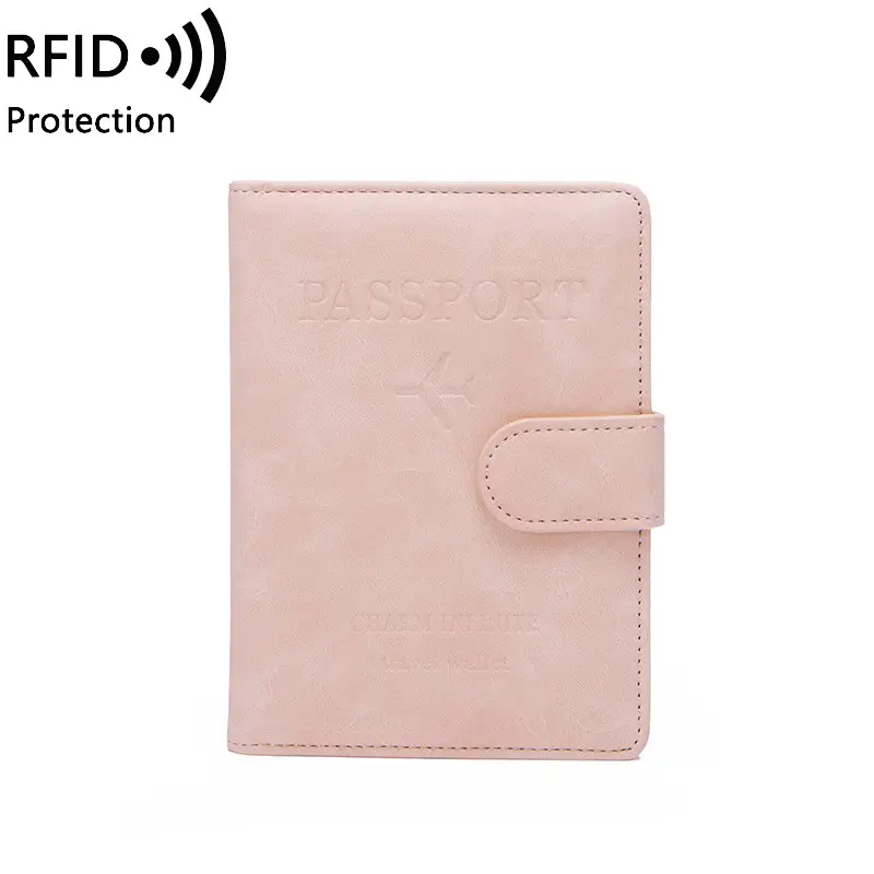 Dompet penyimpan paspor elastis Logo maskapai timbul kulit merah muda lucu dengan slot kartu Sim