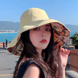 Sombrero de <span class=keywords><strong>pescador</strong></span> de ala grande para viajes de verano, sombrero de sombrilla estampado usable de doble cara para mujer - Product Image 4