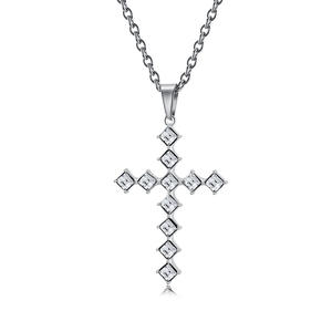 Diamond-<b>Studded</b> <b>Titanium</b> Steel Cross Necklace Princess Cut Unisex Religious Pendant - Product Image 1